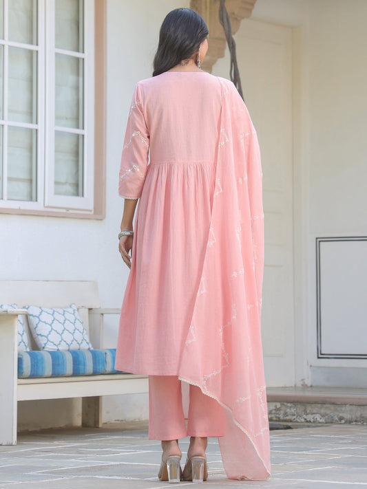 Janasya Light Cotton Embroidered A-Line Kurta Set | Swadesiicart