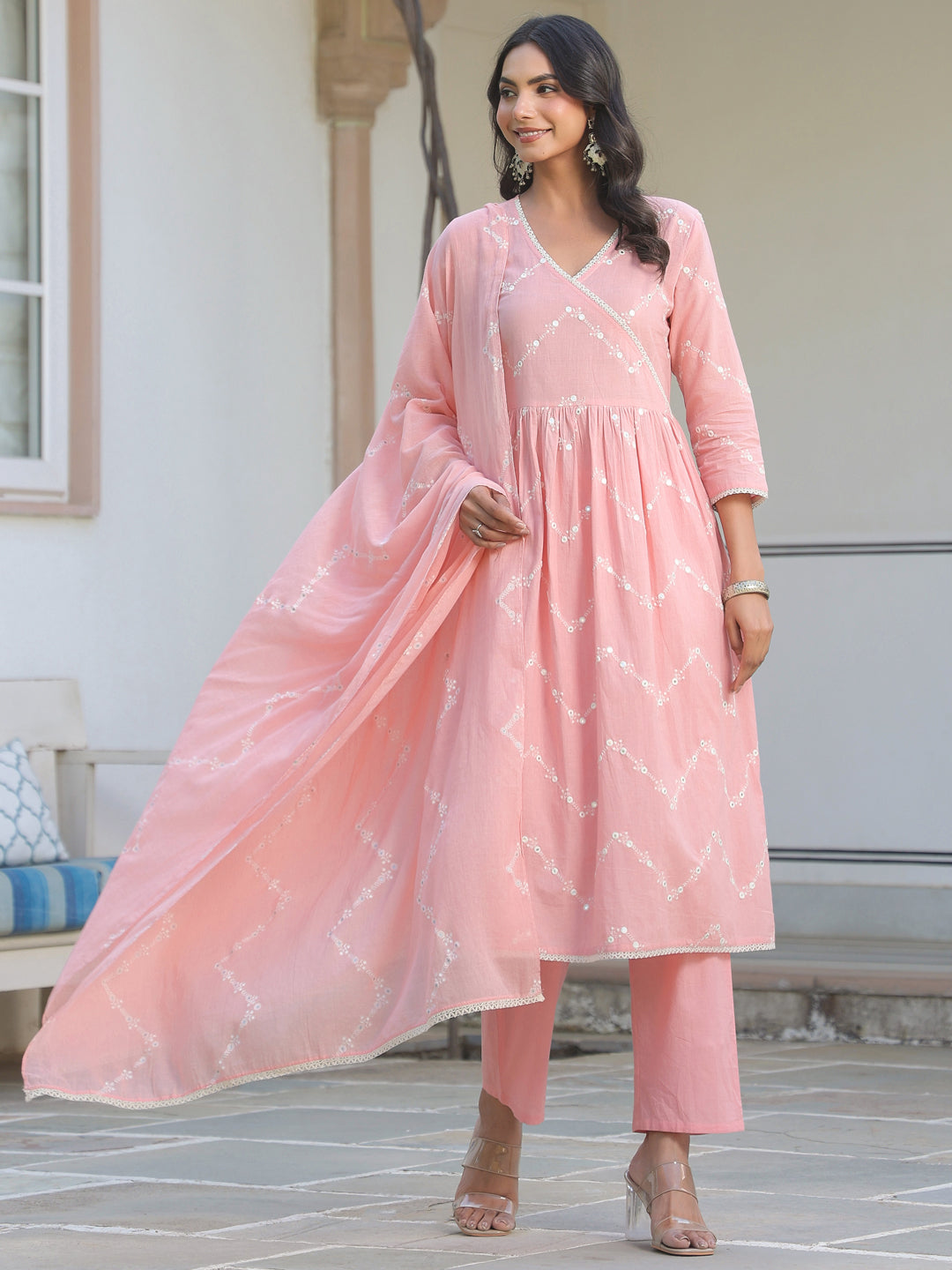 Janasya Light Cotton Embroidered A-Line Kurta Set | Swadesiicart