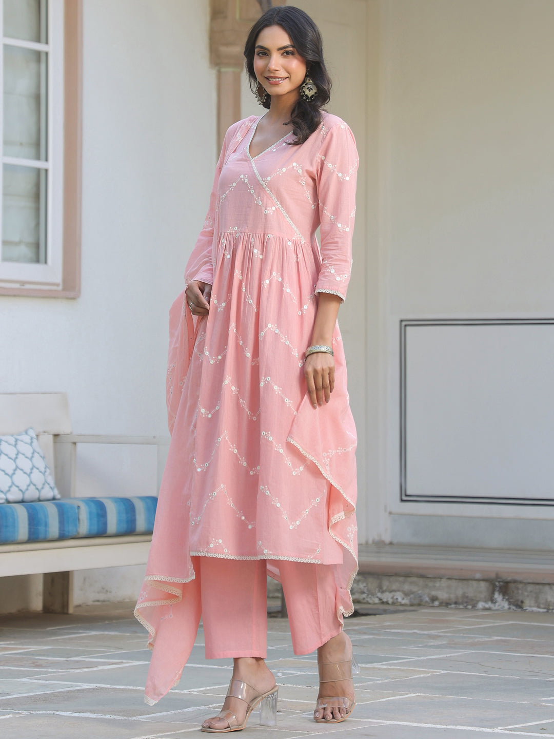 Janasya Light Cotton Embroidered A-Line Kurta Set | Swadesiicart