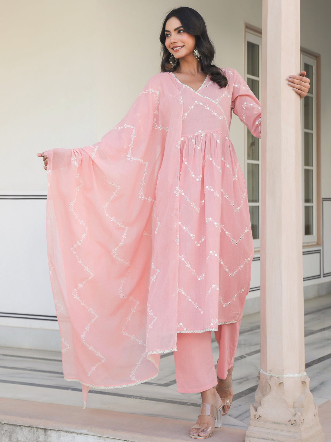 Janasya Light Cotton Embroidered A-Line Kurta Set | Swadesiicart