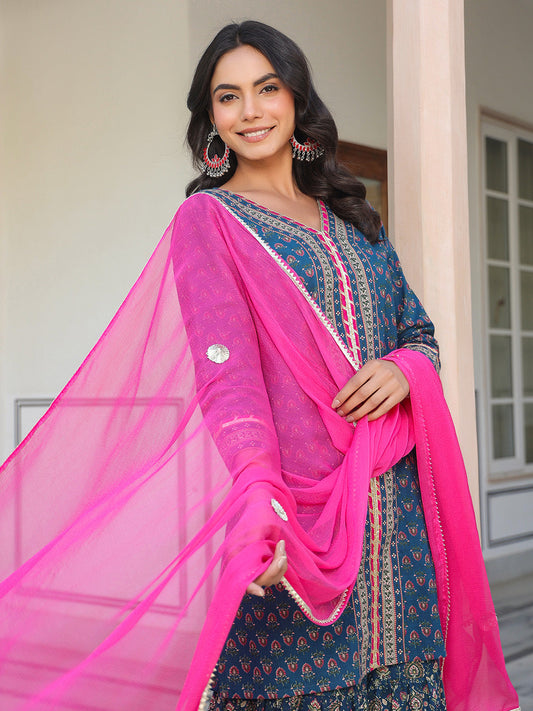 Janasya Dark Cotton Ethnic Motifs A-Line Kurta Set | Swadesiicart
