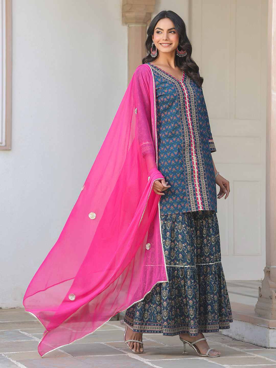 Janasya Dark Cotton Ethnic Motifs A-Line Kurta Set | Swadesiicart