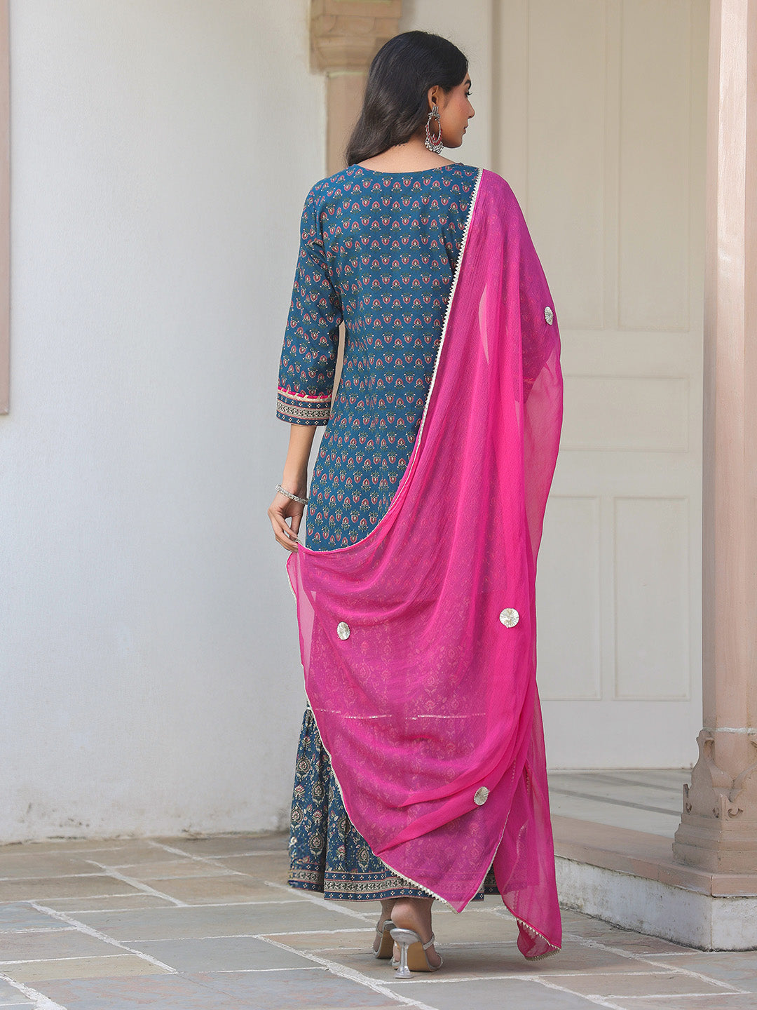 Janasya Dark Cotton Ethnic Motifs A-Line Kurta Set | Swadesiicart
