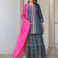 Janasya Dark Cotton Ethnic Motifs A-Line Kurta Set | Swadesiicart
