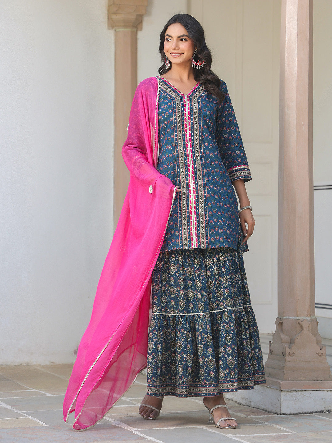 Janasya Dark Cotton Ethnic Motifs A-Line Kurta Set | Swadesiicart