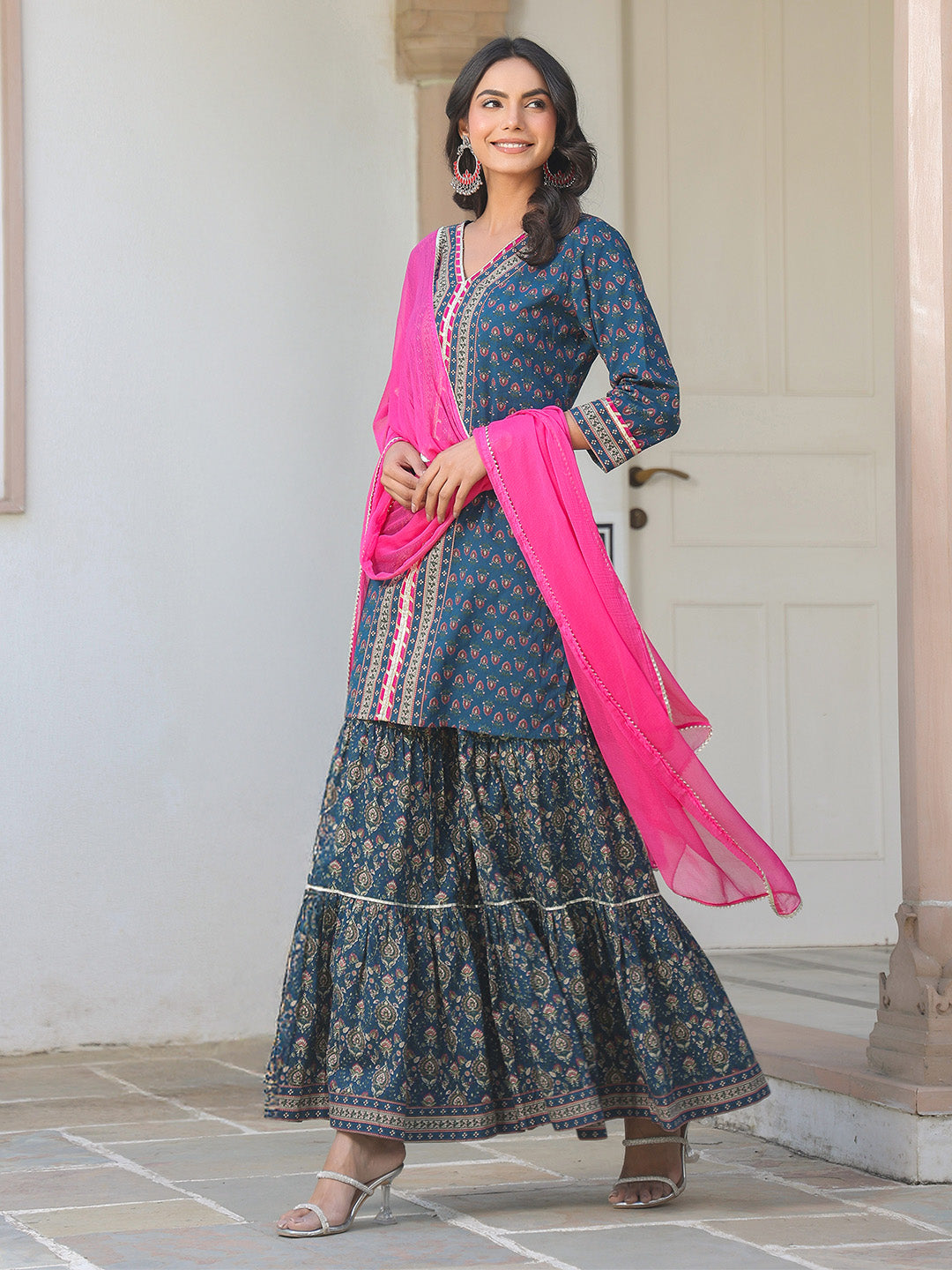 Janasya Dark Cotton Ethnic Motifs A-Line Kurta Set | Swadesiicart