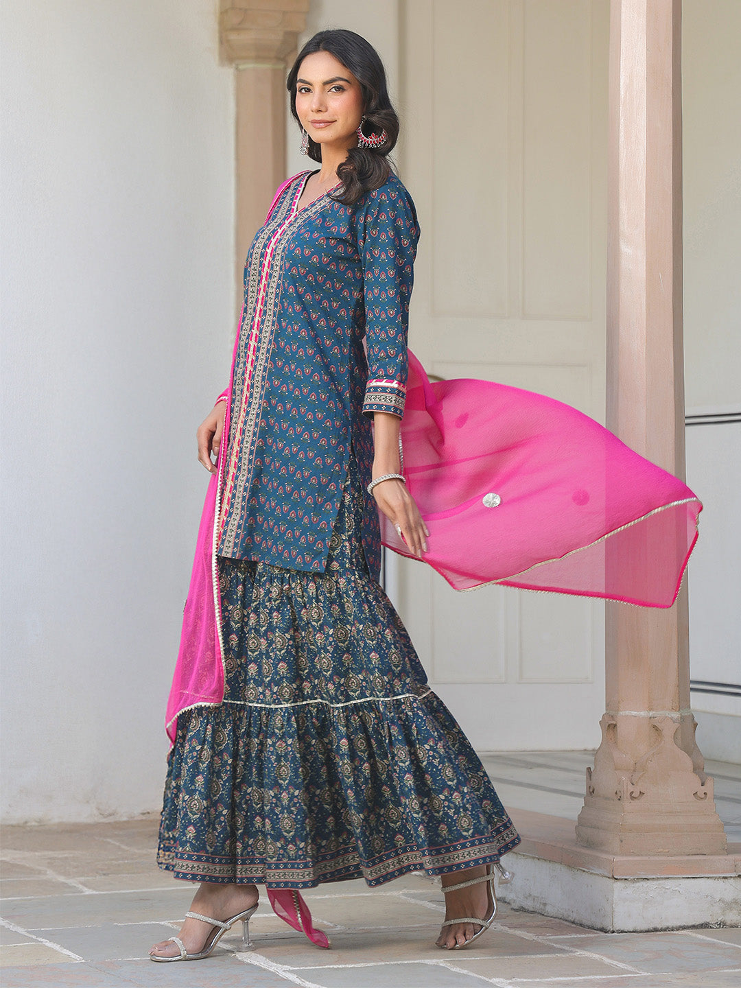 Janasya Dark Cotton Ethnic Motifs A-Line Kurta Set | Swadesiicart