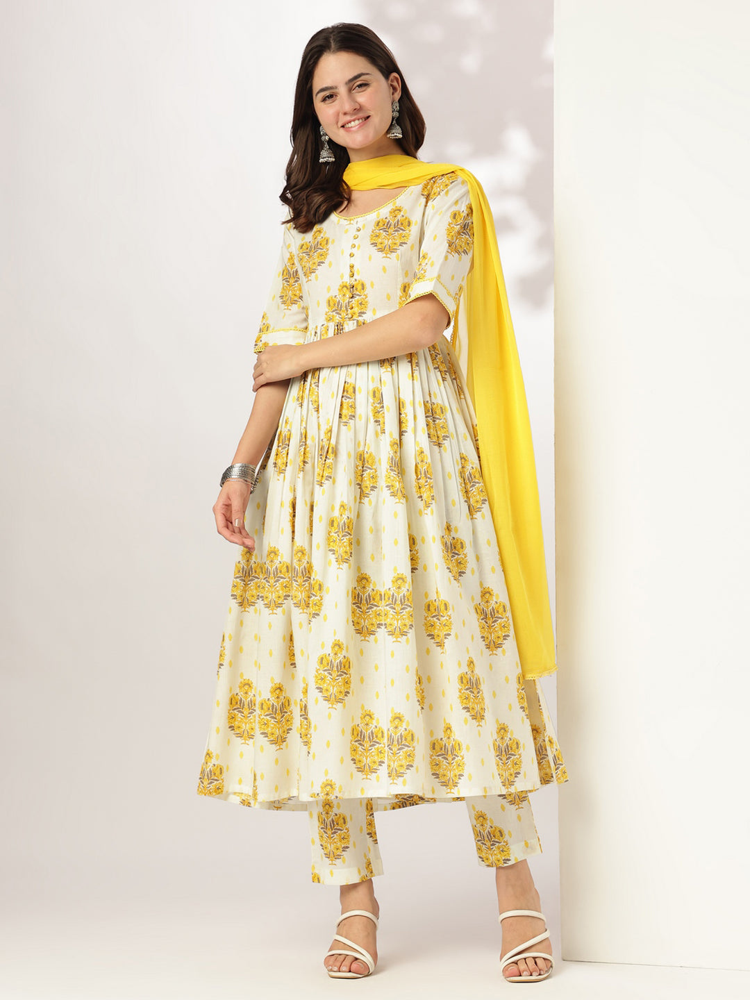 Janasya Light Cotton Floral A-Line Kurta Set | Swadesiicart