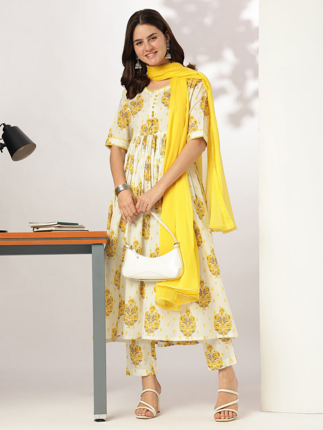 Janasya Light Cotton Floral A-Line Kurta Set | Swadesiicart