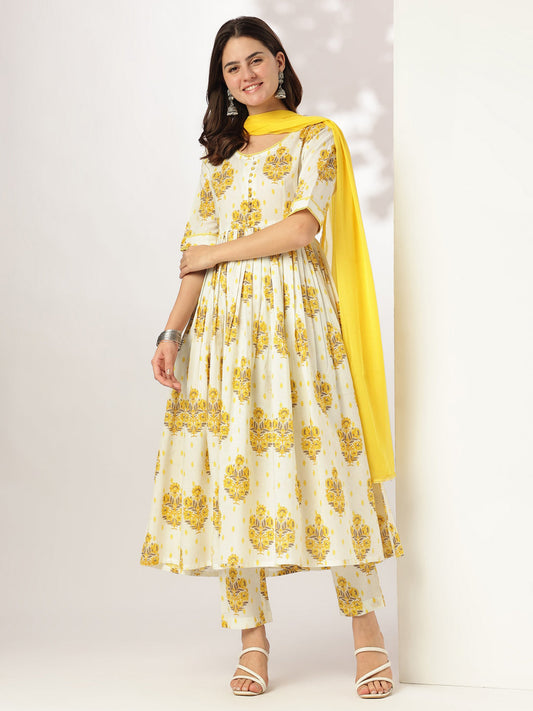 Janasya Light Cotton Floral A-Line Kurta Set | Swadesiicart