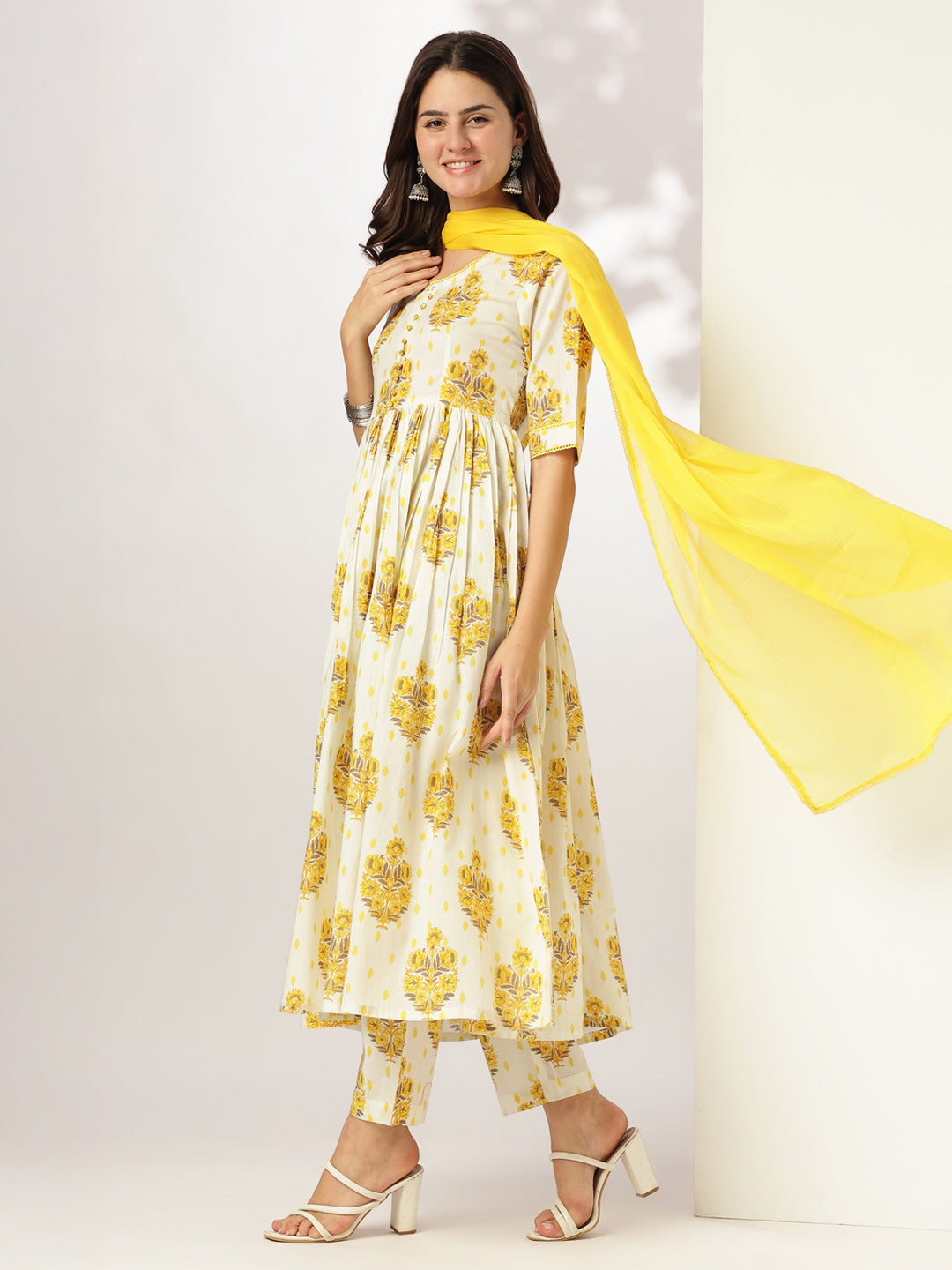 Janasya Light Cotton Floral A-Line Kurta Set | Swadesiicart