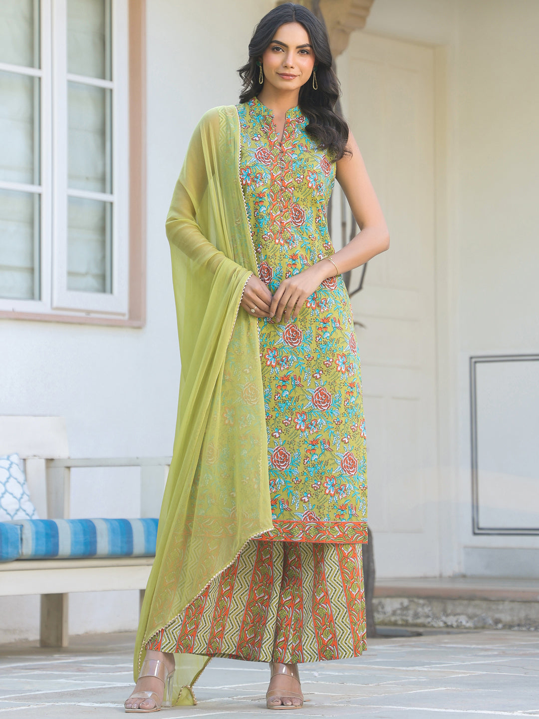 Janasya Bright Cotton Floral Straight Kurta Set | Swadesiicart