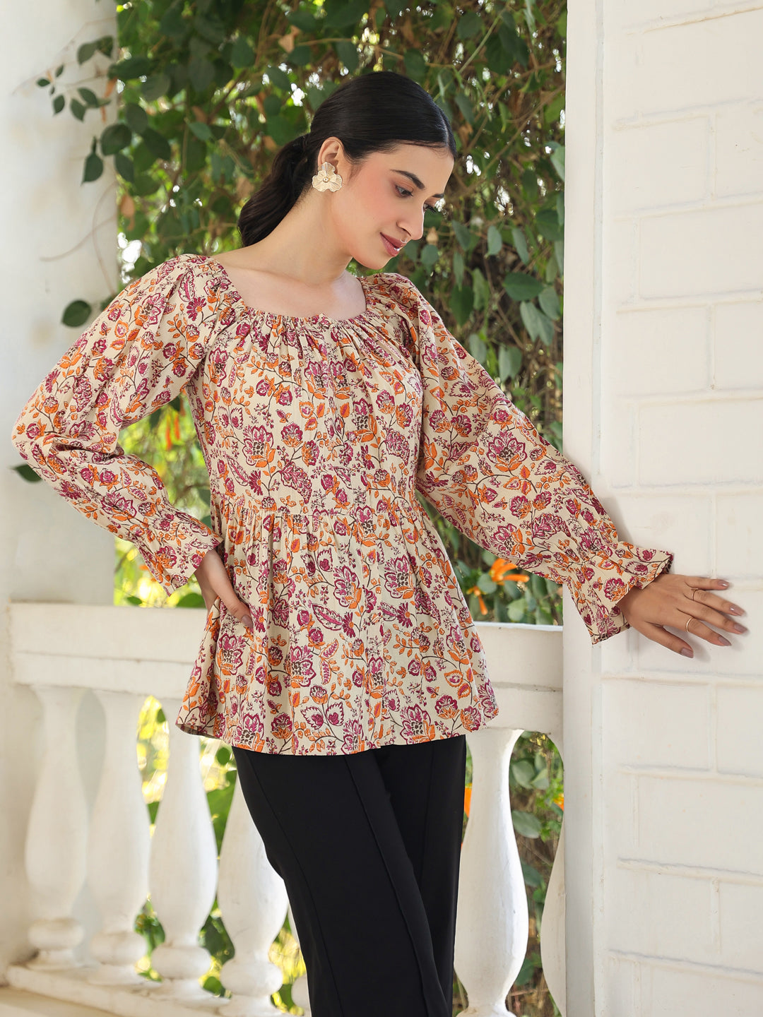 Janasya Light Cotton Floral Peplum Top | Swadesiicart