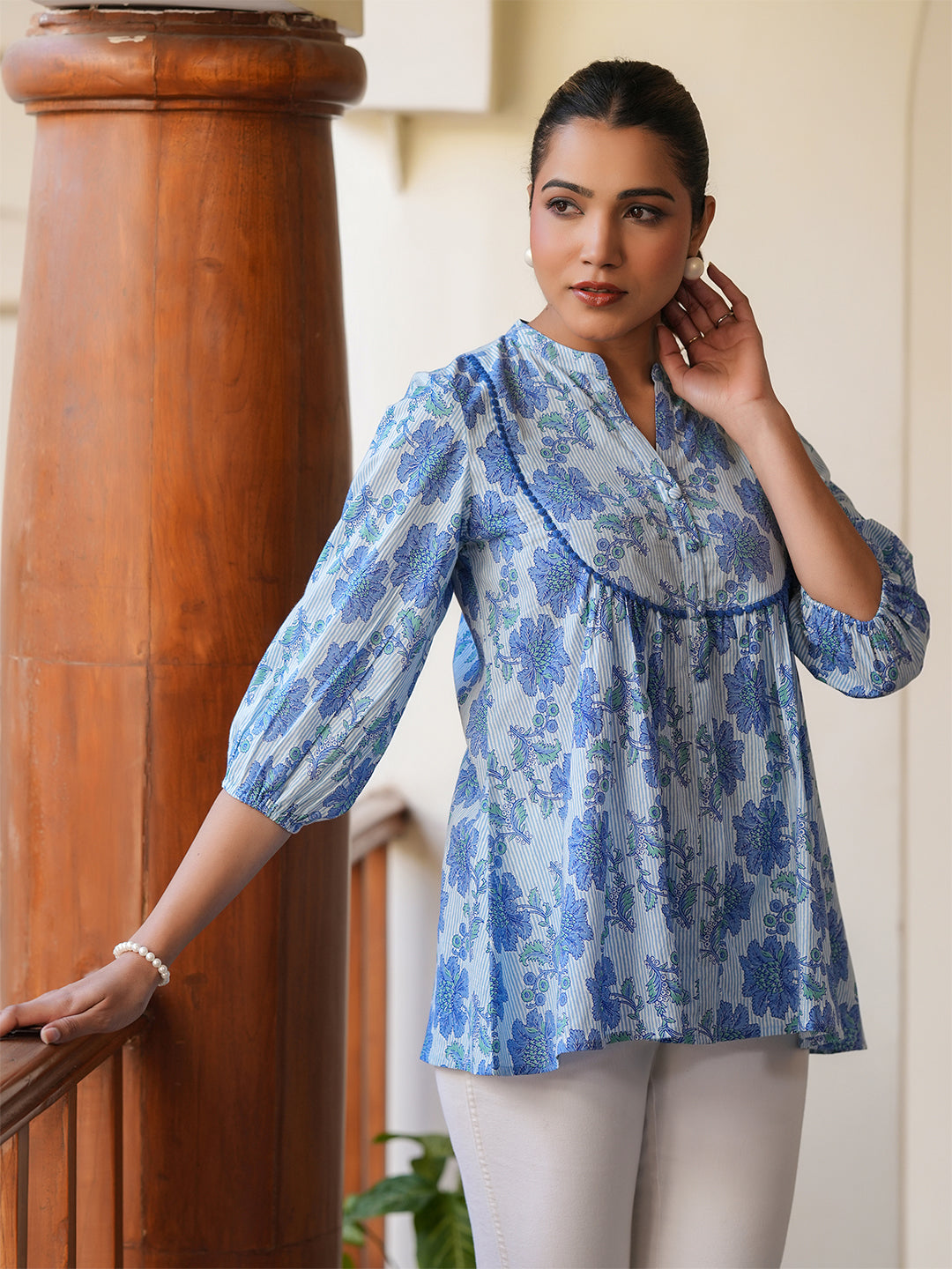 Janasya Light Cotton Floral A-Line Top | Swadesiicart