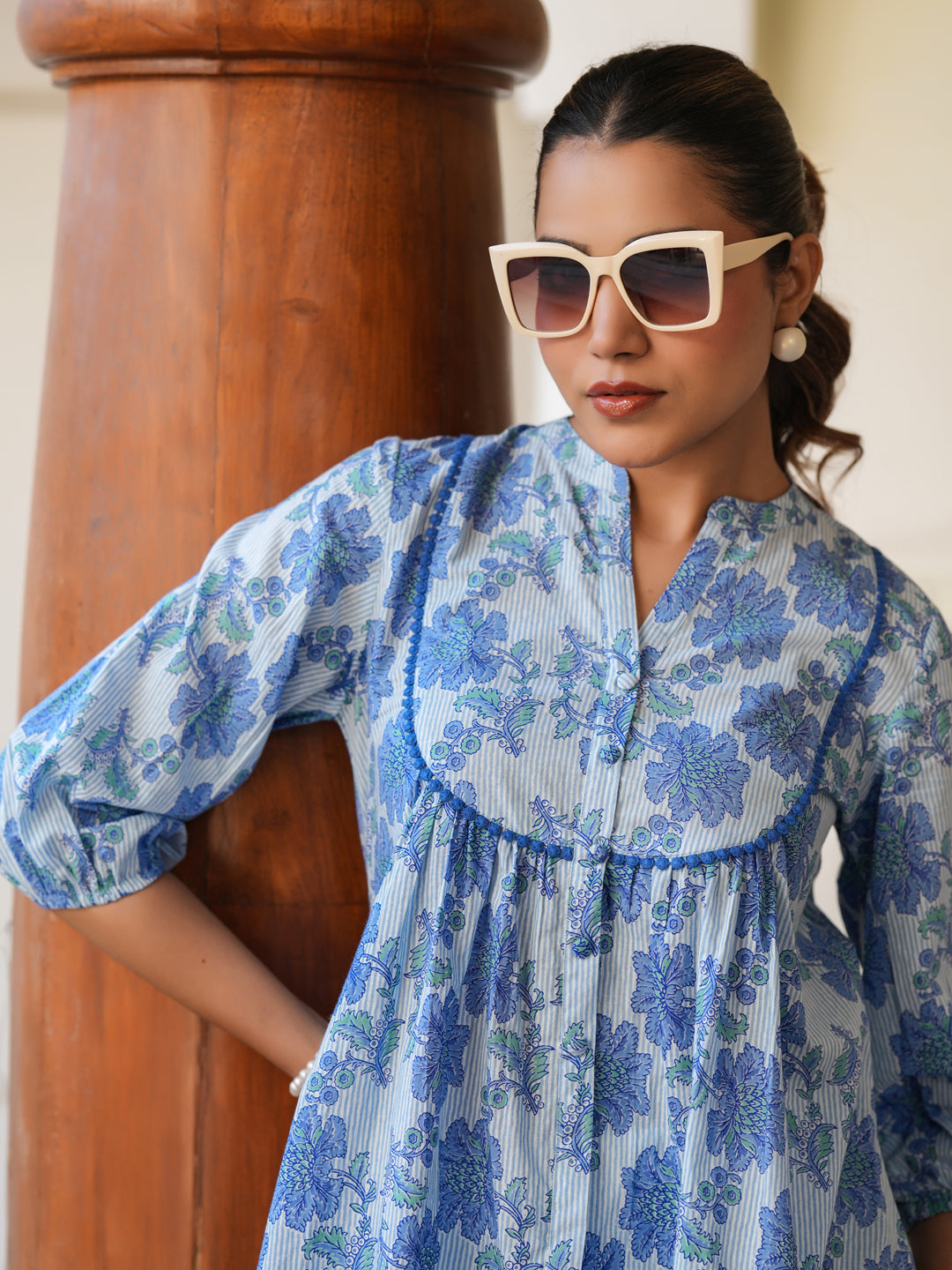 Janasya Light Cotton Floral A-Line Top | Swadesiicart