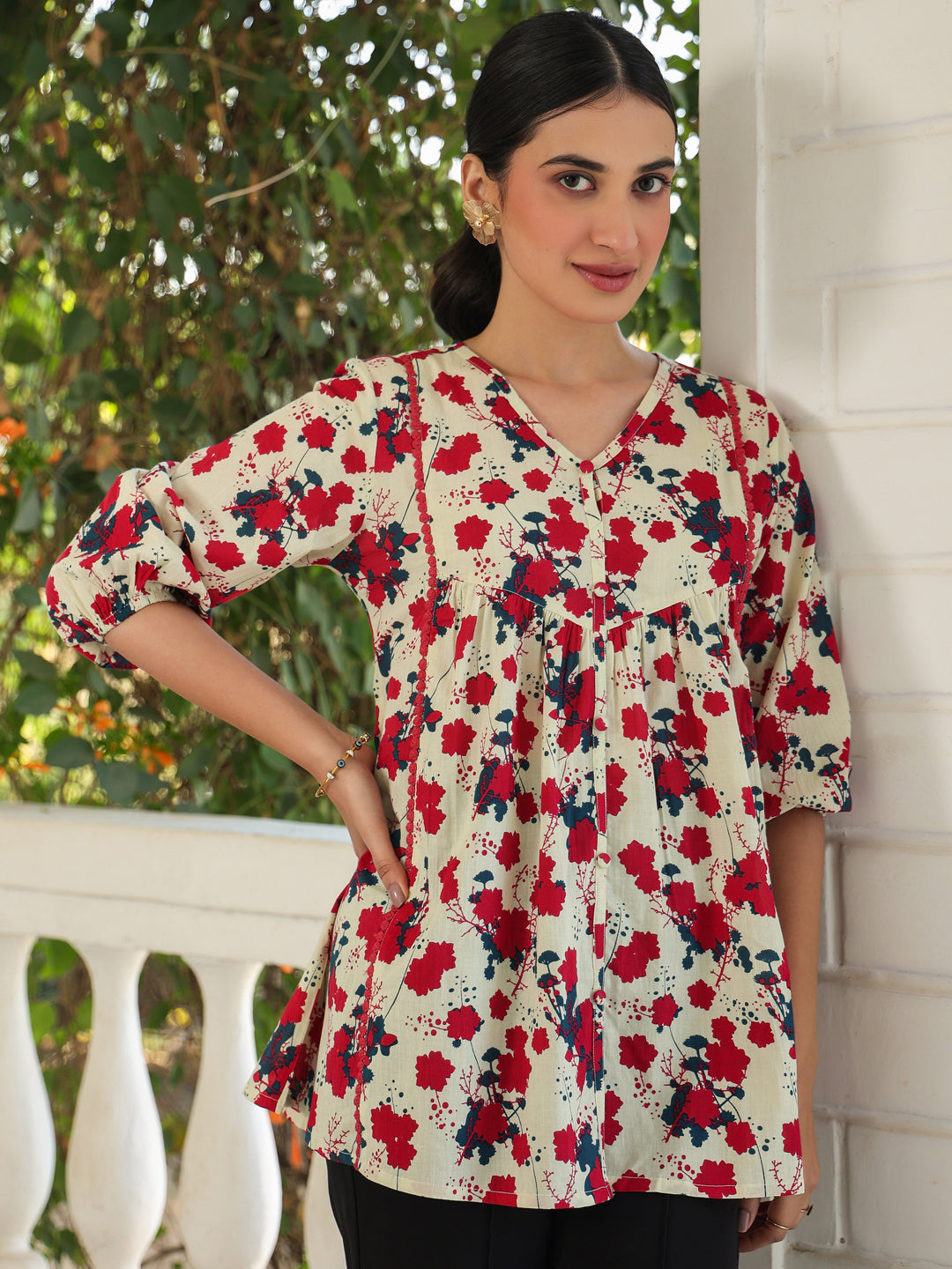 Janasya Light Cotton Floral A-Line Top | Swadesiicart