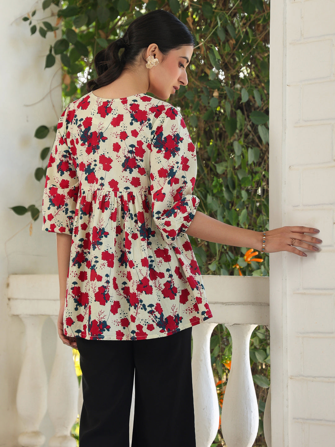 Janasya Light Cotton Floral A-Line Top | Swadesiicart