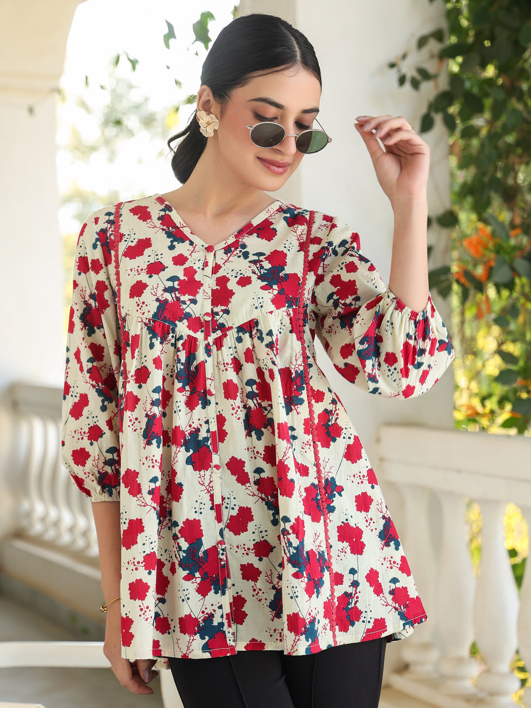 Janasya Light Cotton Floral A-Line Top | Swadesiicart