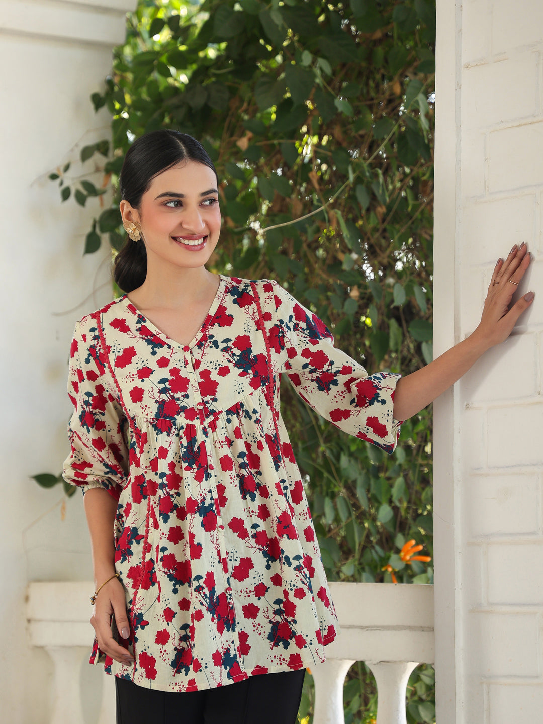 Janasya Light Cotton Floral A-Line Top | Swadesiicart