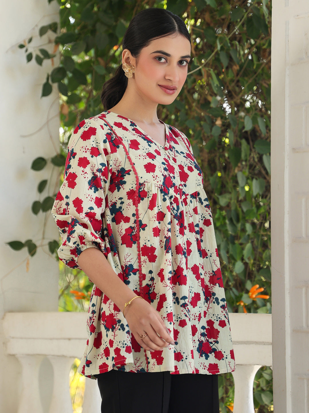 Janasya Light Cotton Floral A-Line Top | Swadesiicart