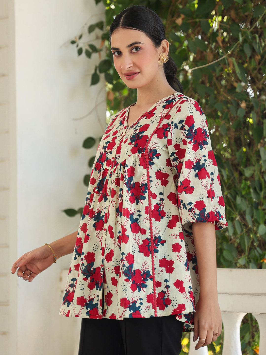 Janasya Light Cotton Floral A-Line Top | Swadesiicart