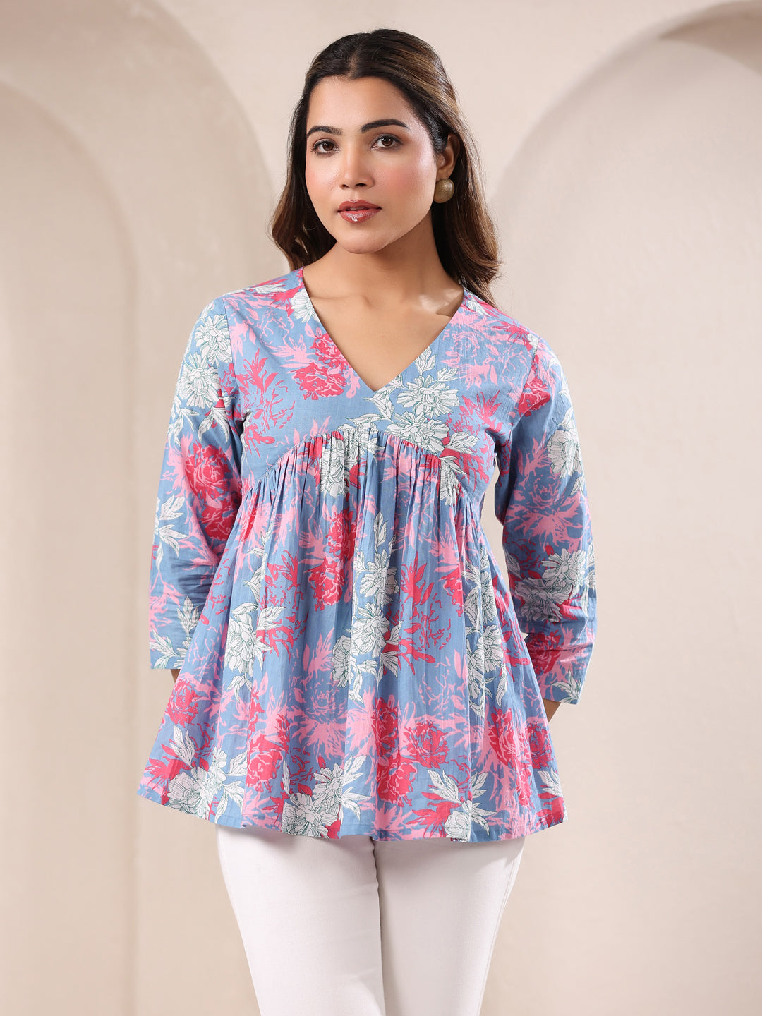 Janasya Light Cotton Floral A-Line Top | Swadesiicart