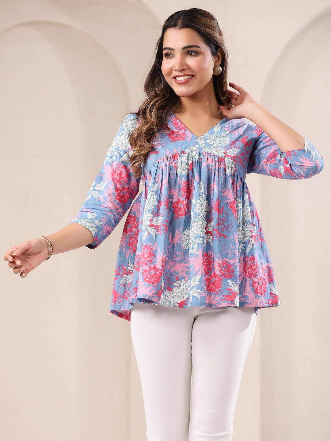 Janasya Light Cotton Floral A-Line Top | Swadesiicart