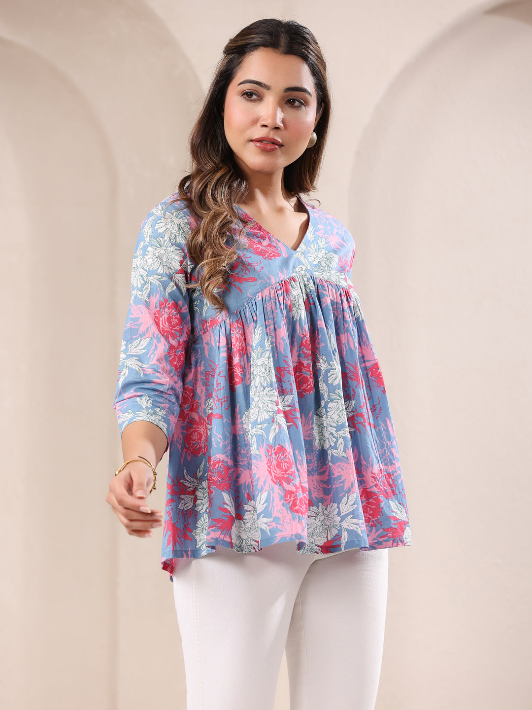 Janasya Light Cotton Floral A-Line Top | Swadesiicart