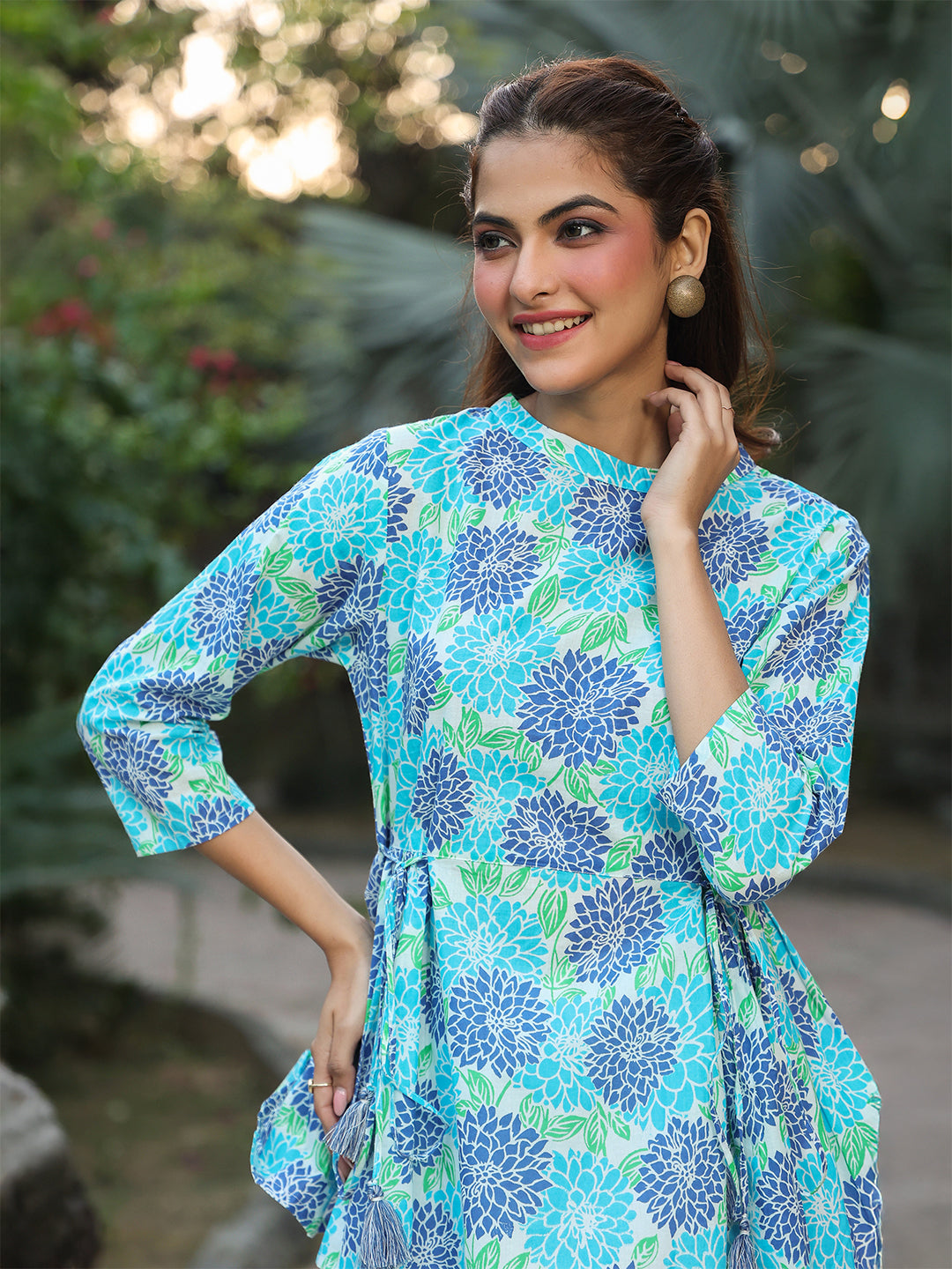 Janasya Light Cotton Floral Fit & Flare Top | Swadesiicart