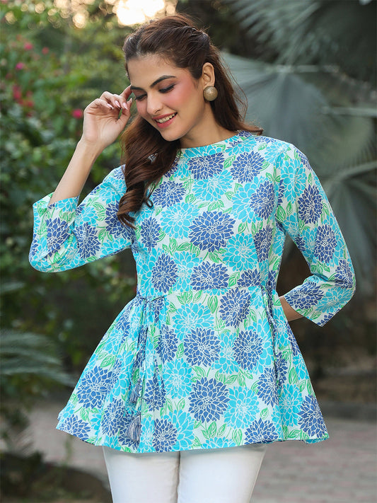 Janasya Light Cotton Floral Fit & Flare Top | Swadesiicart
