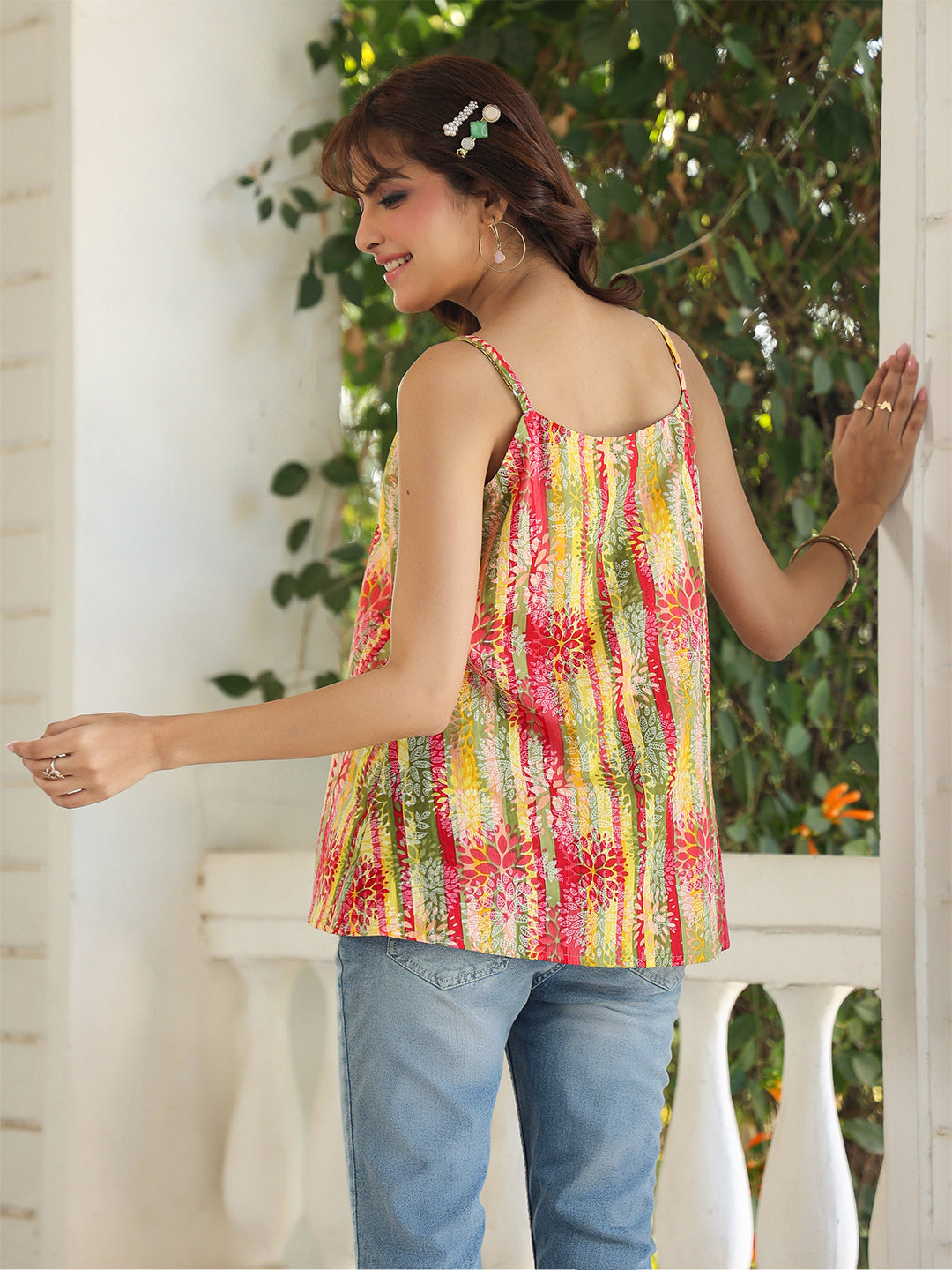 Janasya Bright Cotton Floral A-Line Top | Swadesiicart