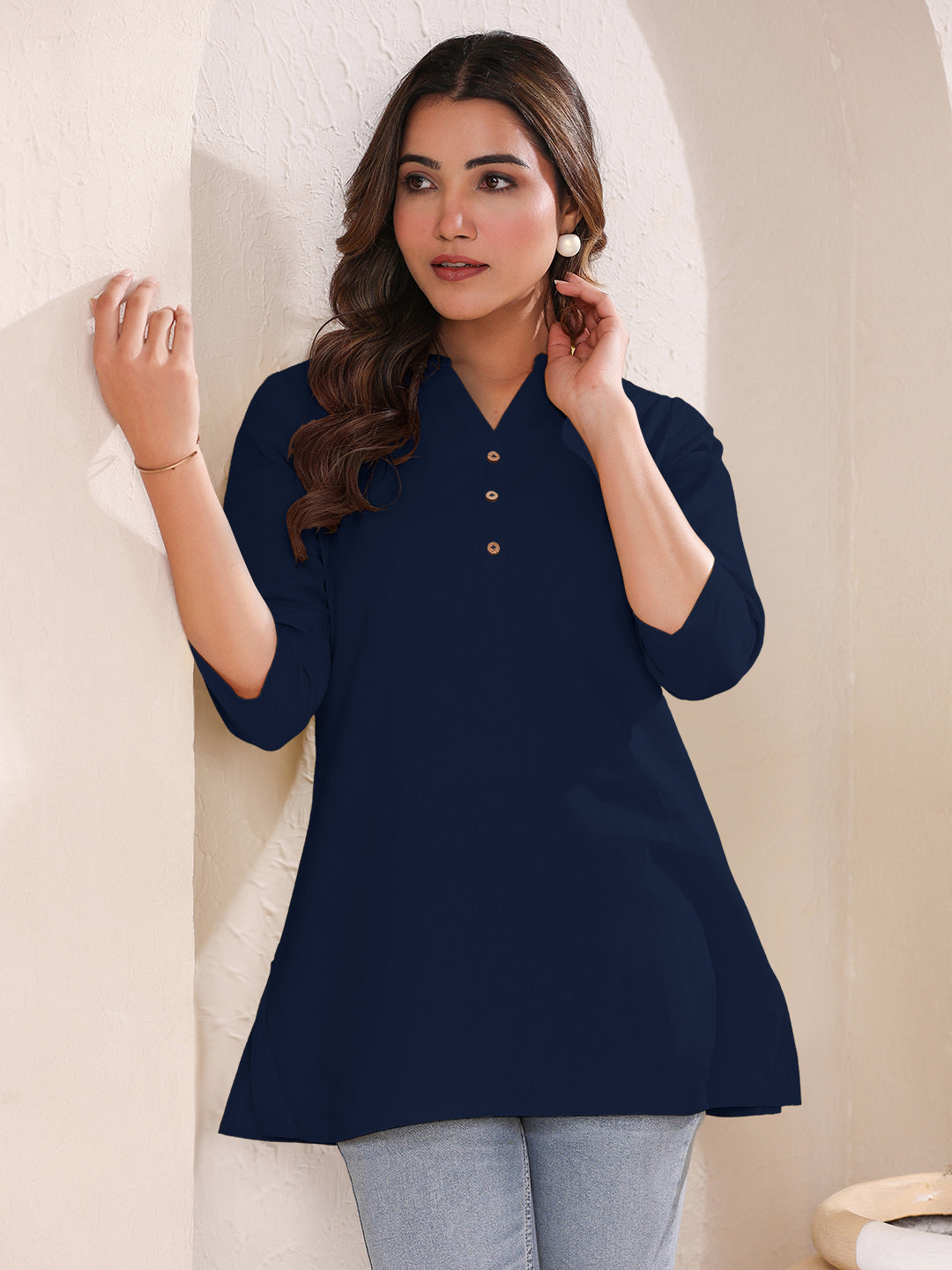Janasya Dark Cotton Solid A-Line Top | Swadesiicart
