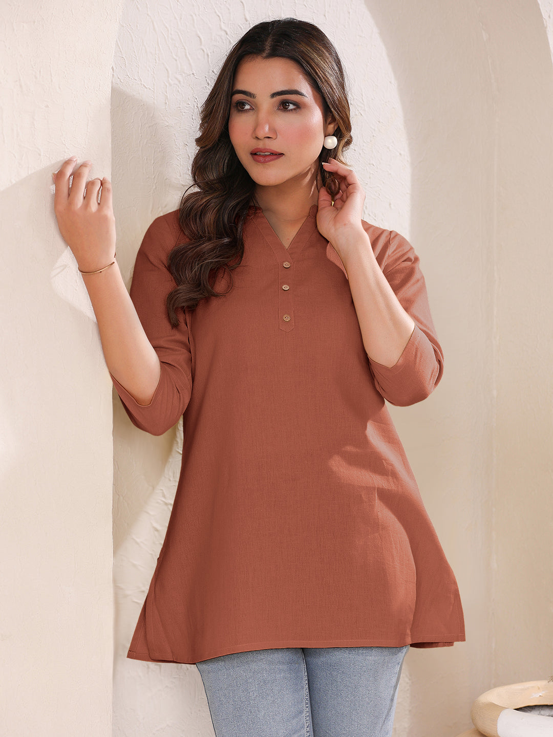 Janasya Dark Cotton Solid A-Line Top | Swadesiicart