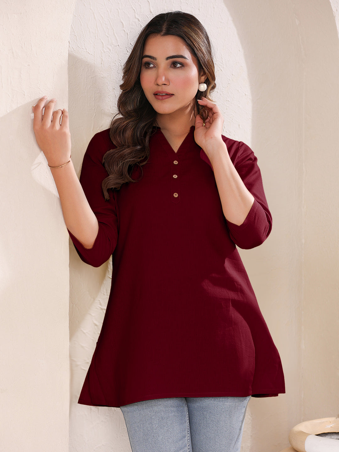 Janasya Dark Cotton Solid Straight TOP | Swadesiicart