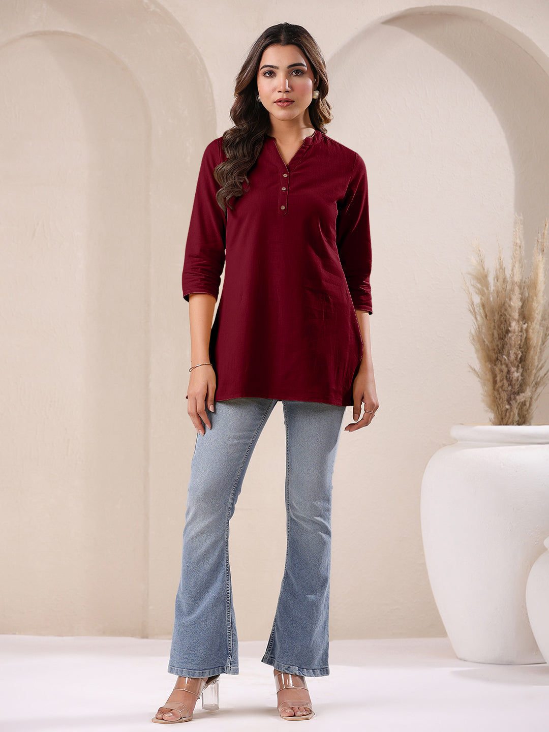 Janasya Dark Cotton Solid Straight TOP | Swadesiicart