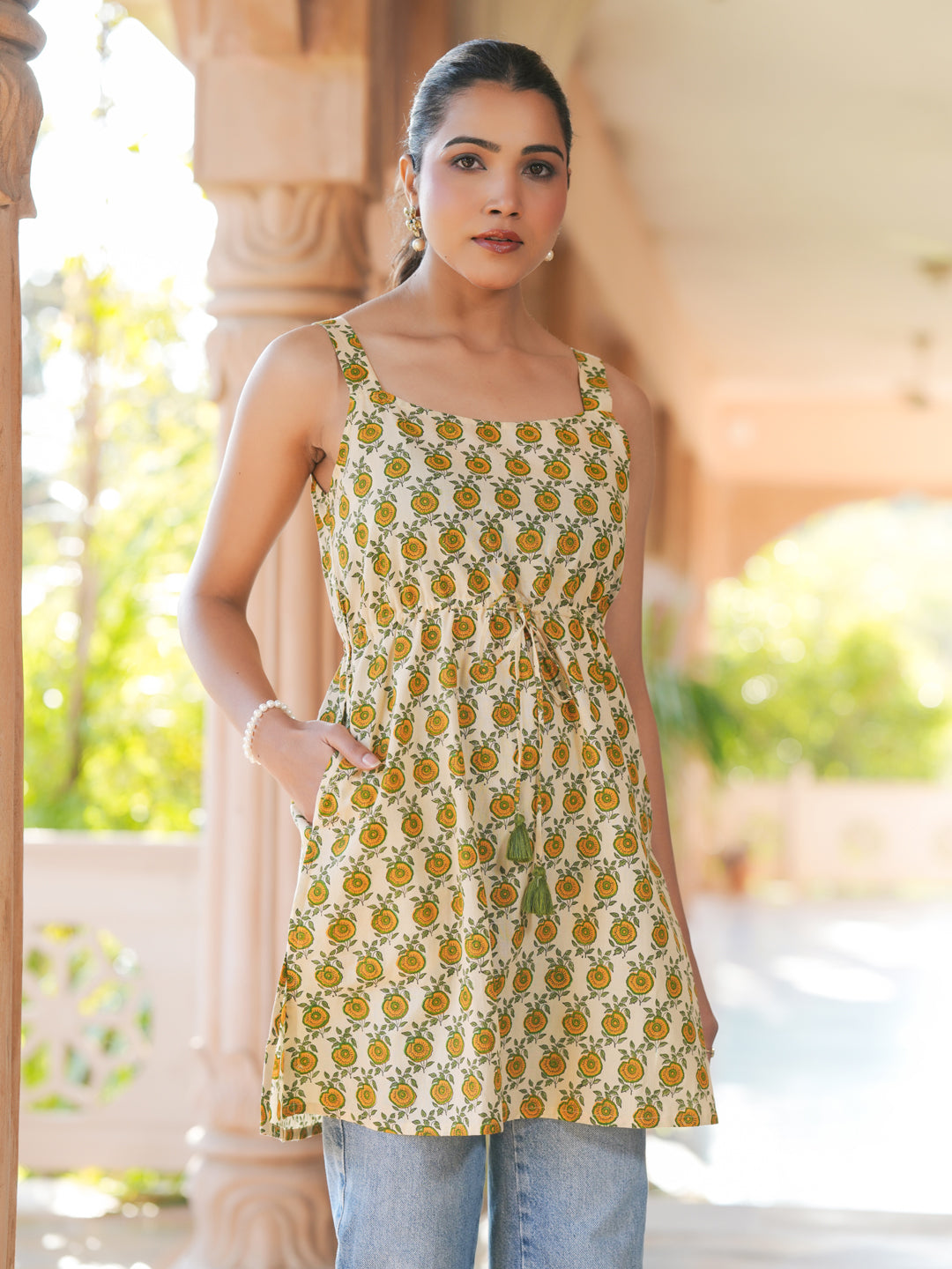 Janasya Light Cotton Floral A-Line Tunic | Swadesiicart