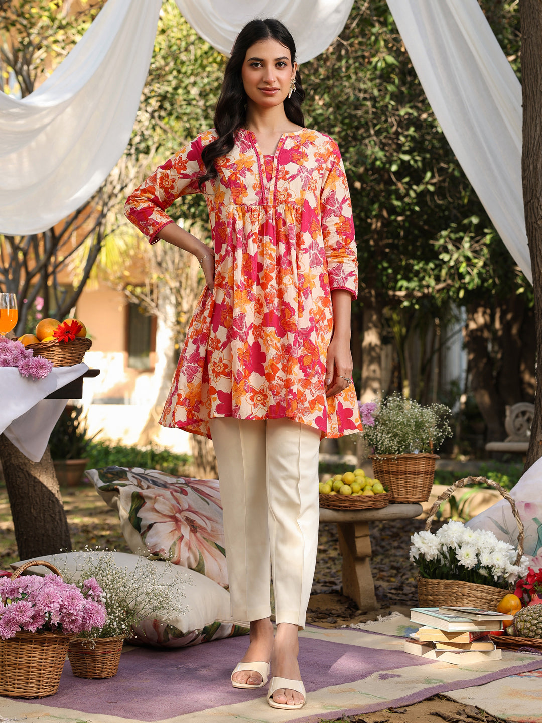 Janasya Bright Cotton Floral A-Line Tunic | Swadesiicart