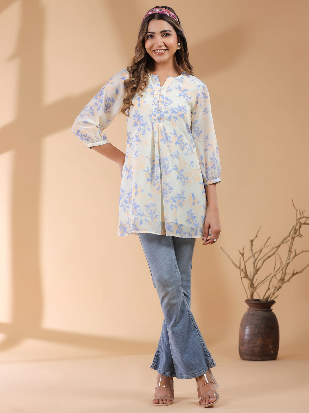 Janasya Light Georgette Floral A-Line Tunic | Swadesiicart