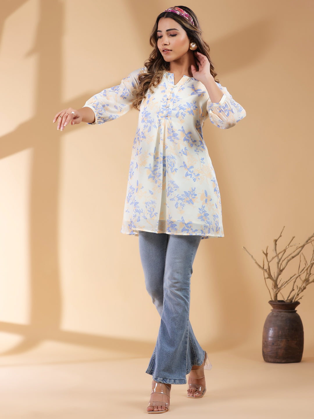 Janasya Light Georgette Floral A-Line Tunic | Swadesiicart