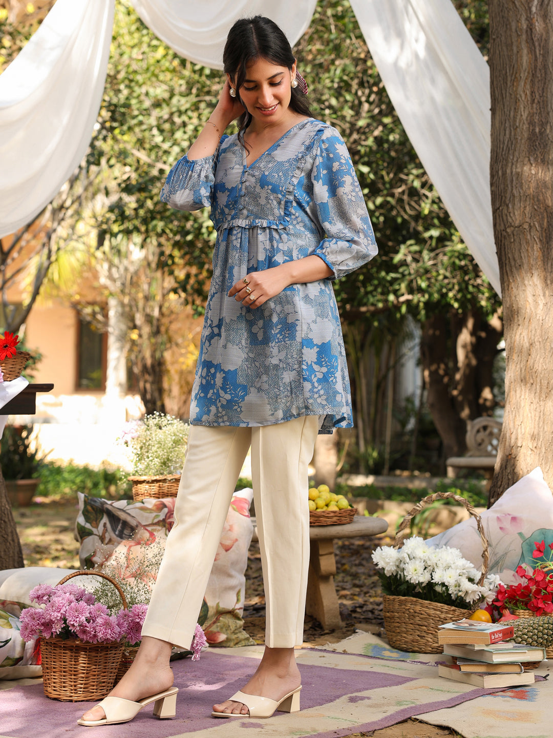 Janasya Bright Georgette Floral A-Line Tunic | Swadesiicart