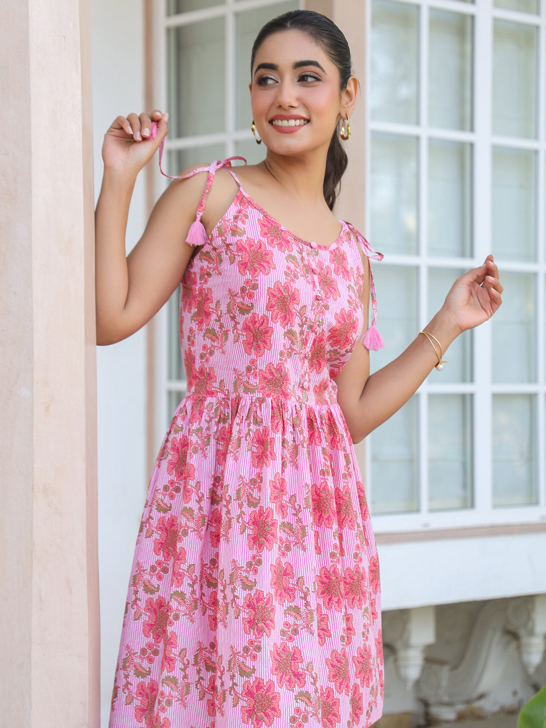Janasya Bright Cotton Floral A-Line Tunic | Swadesiicart