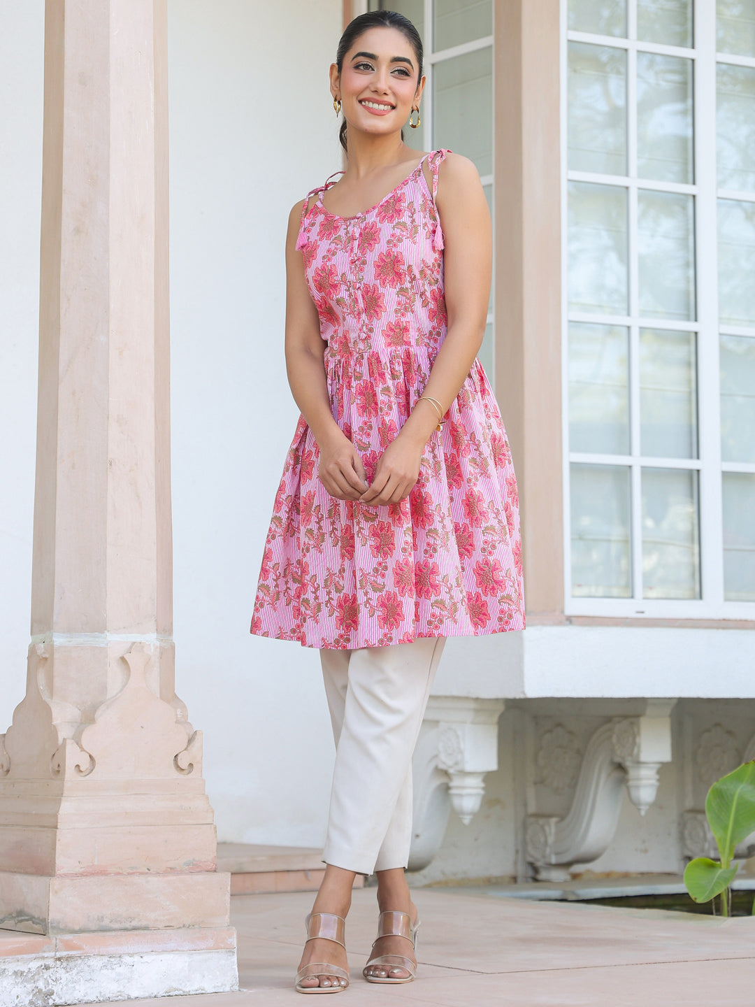 Janasya Bright Cotton Floral A-Line Tunic | Swadesiicart