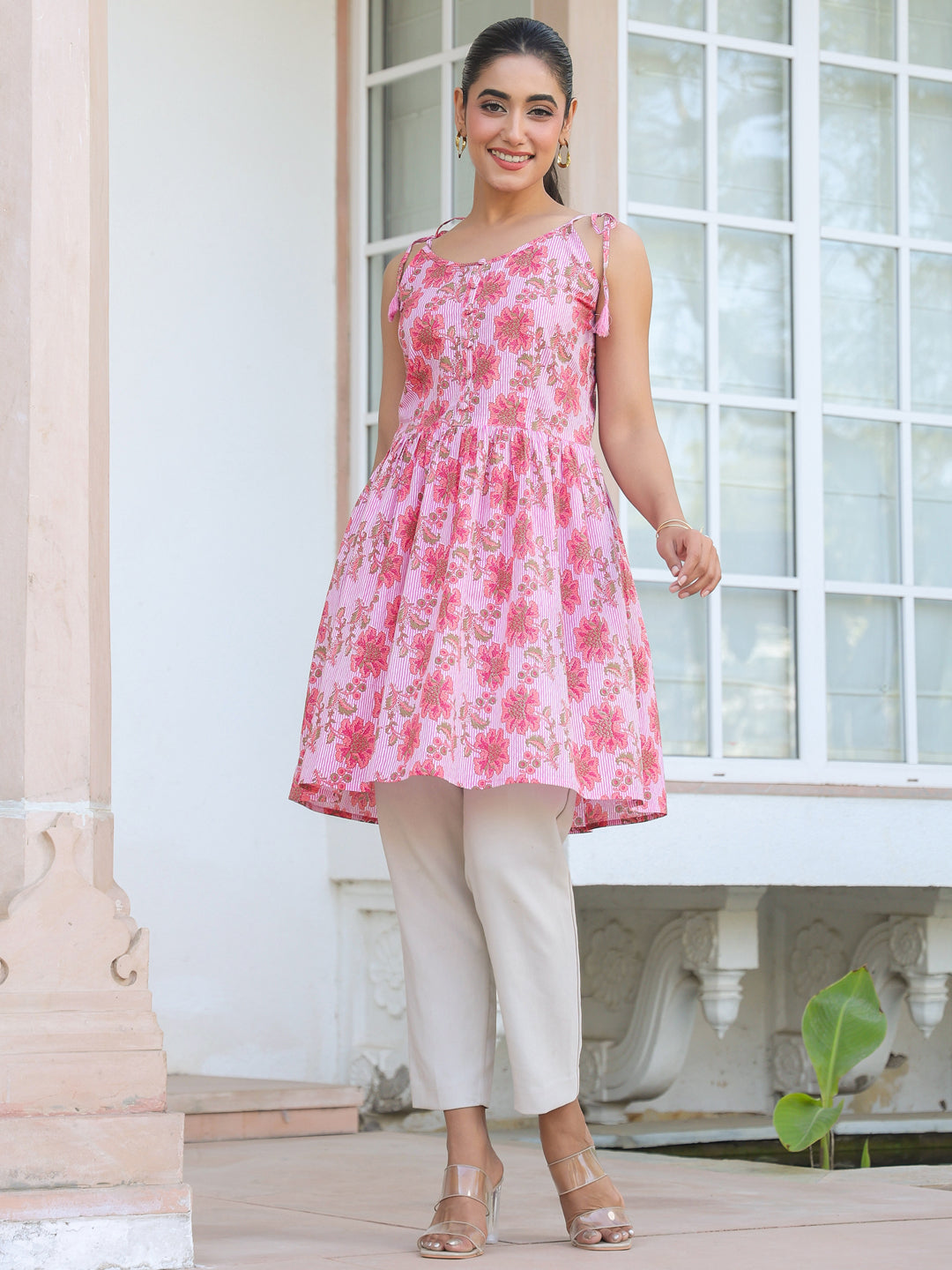 Janasya Bright Cotton Floral A-Line Tunic | Swadesiicart