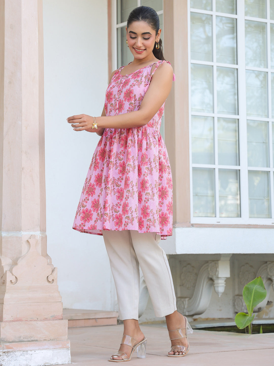 Janasya Bright Cotton Floral A-Line Tunic | Swadesiicart