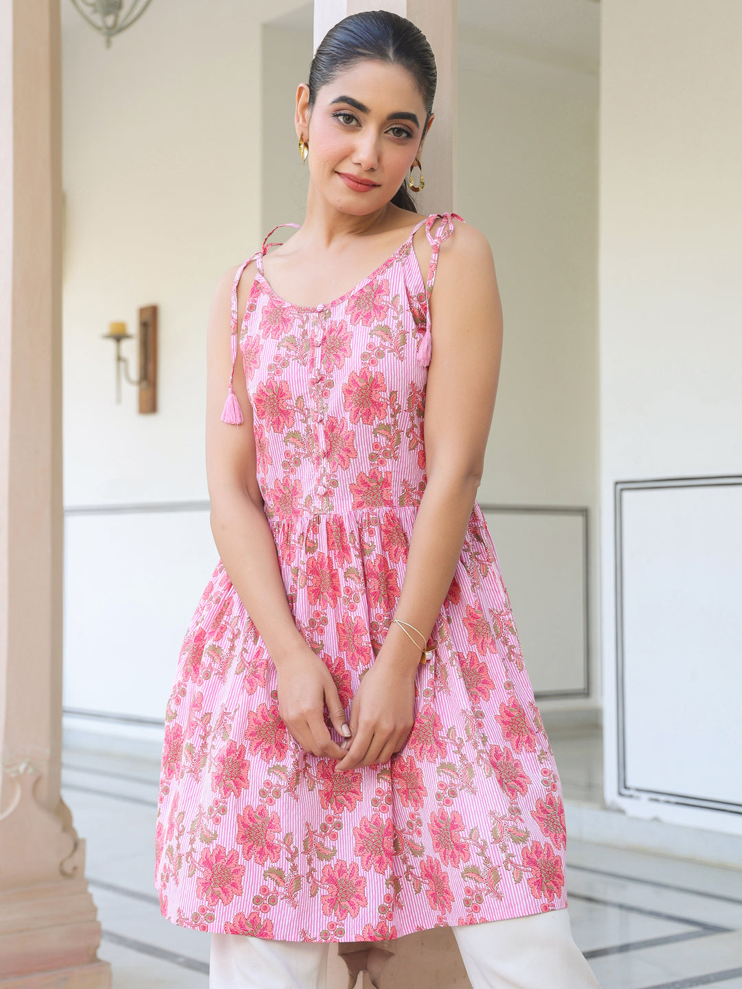 Janasya Bright Cotton Floral A-Line Tunic | Swadesiicart