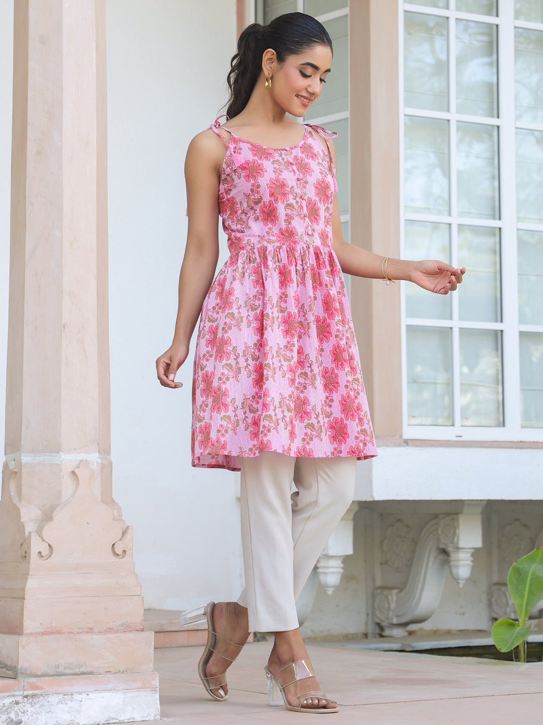 Janasya Bright Cotton Floral A-Line Tunic | Swadesiicart