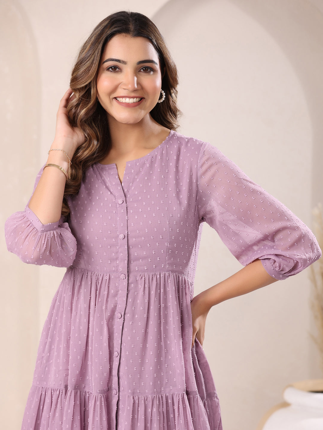 Janasya Dark Dobby Chiffon Self Design Tiered Tunic | Swadesiicart