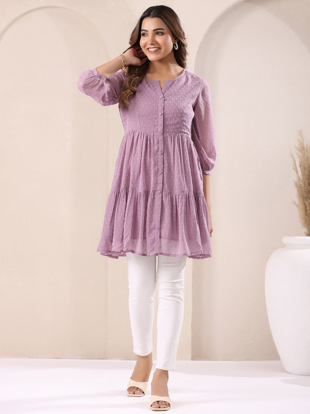 Janasya Dark Dobby Chiffon Self Design Tiered Tunic | Swadesiicart