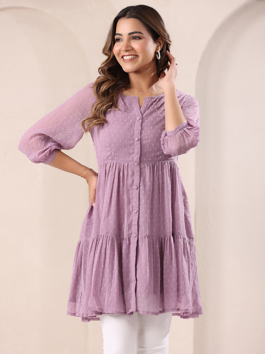 Janasya Dark Dobby Chiffon Self Design Tiered Tunic | Swadesiicart