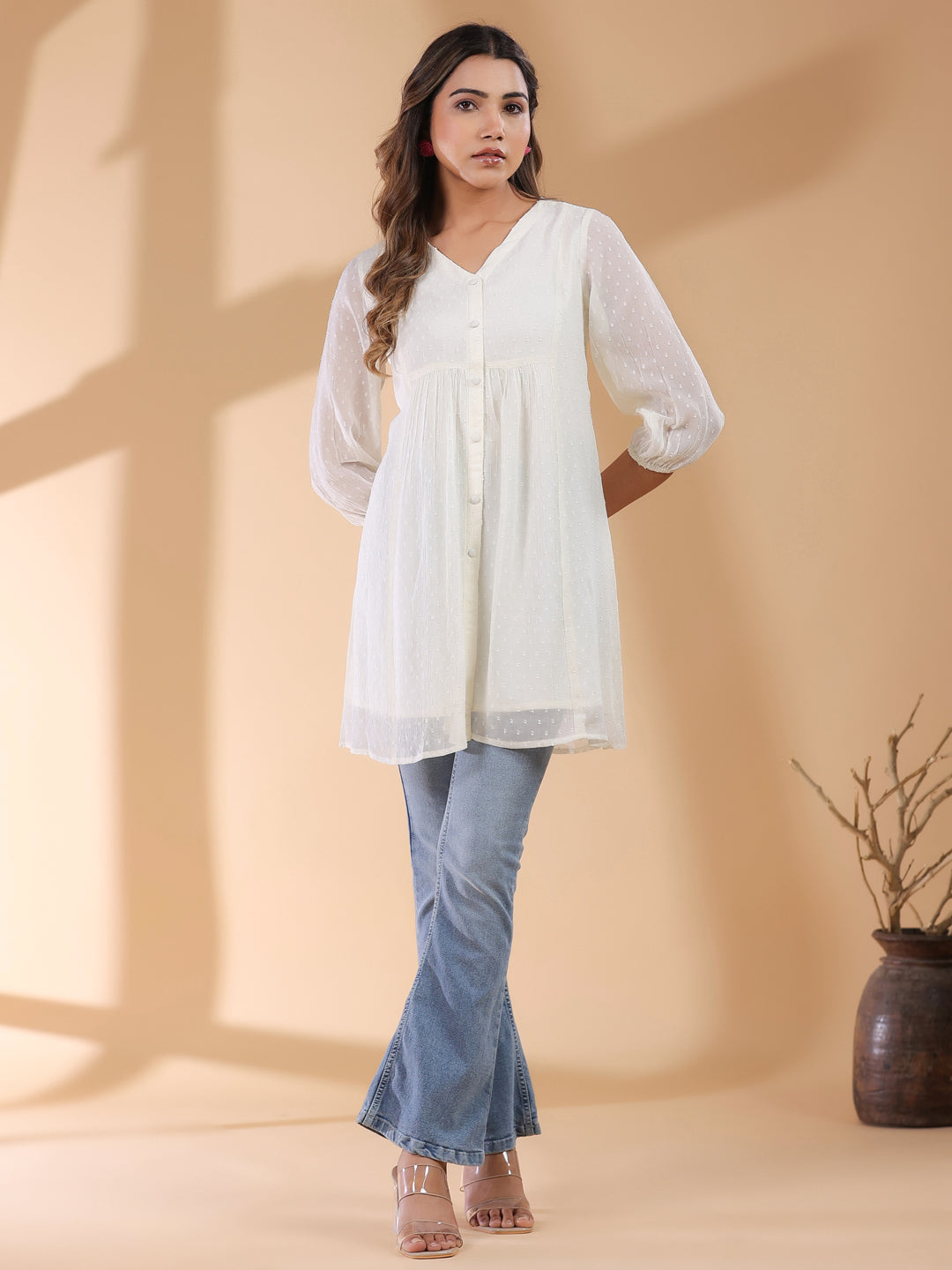 Janasya Light Dobby Chiffon Self Design A-Line Tunic | Swadesiicart